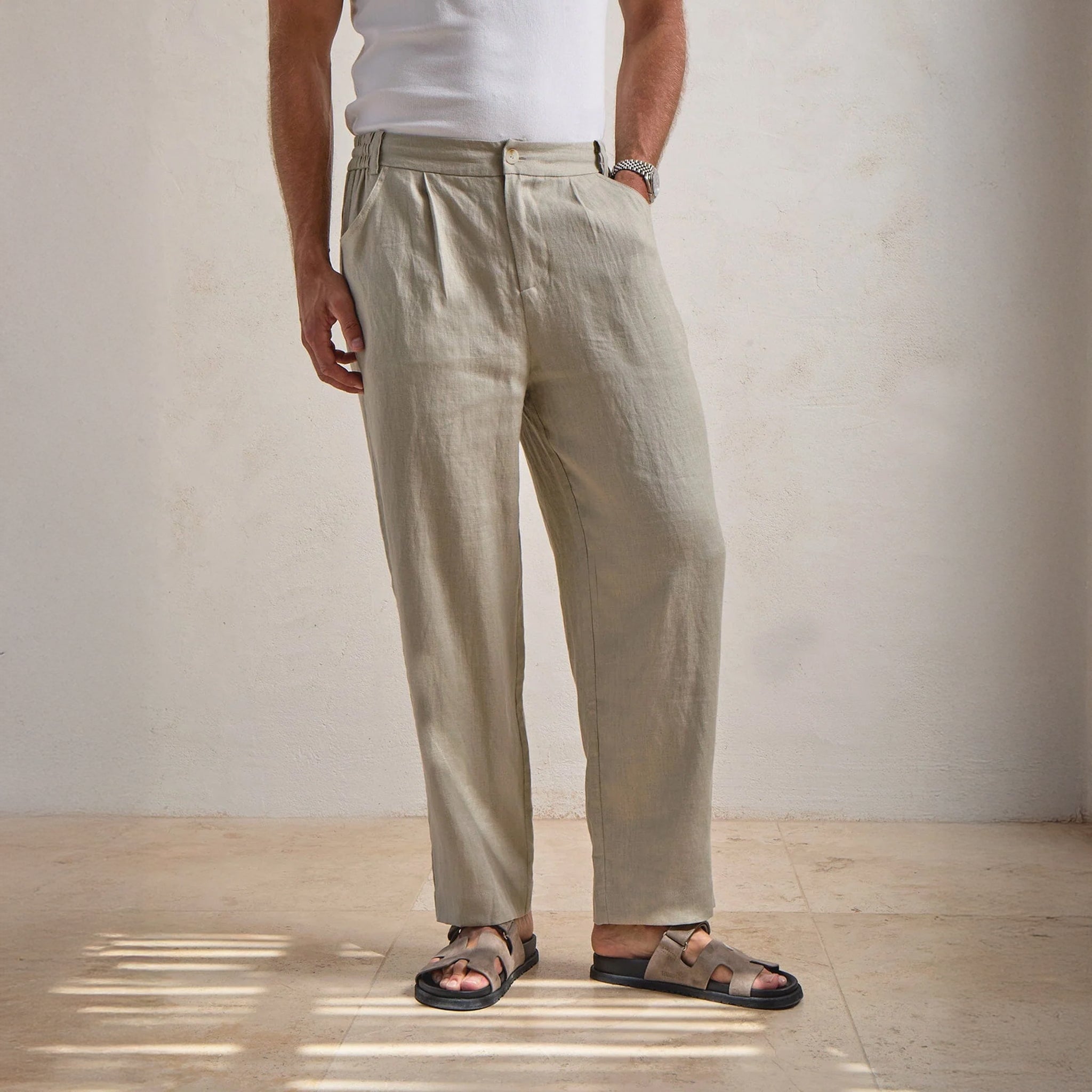 Front View of Belier Premium Oatmeal Linen Trousers